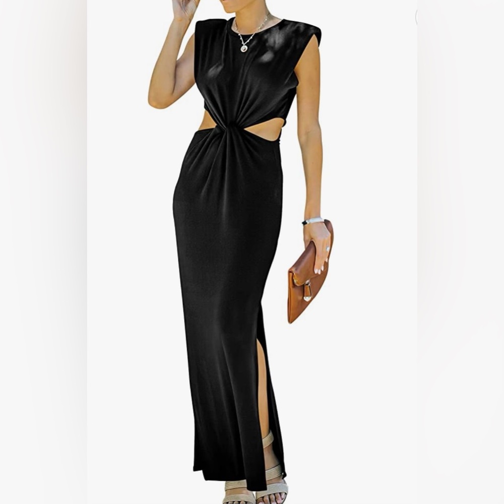 Black maxi dress. Women summer sleeveless padded shoulder sexy cutout waist